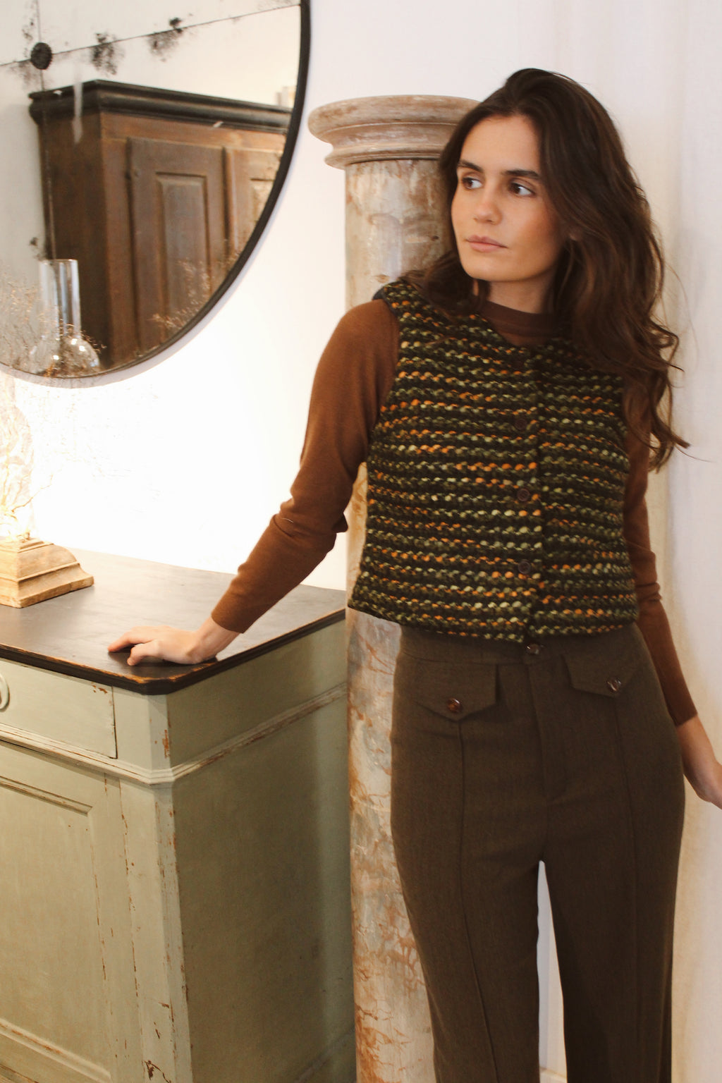 CHALECO TWEED BOUCLÉ OLIVA